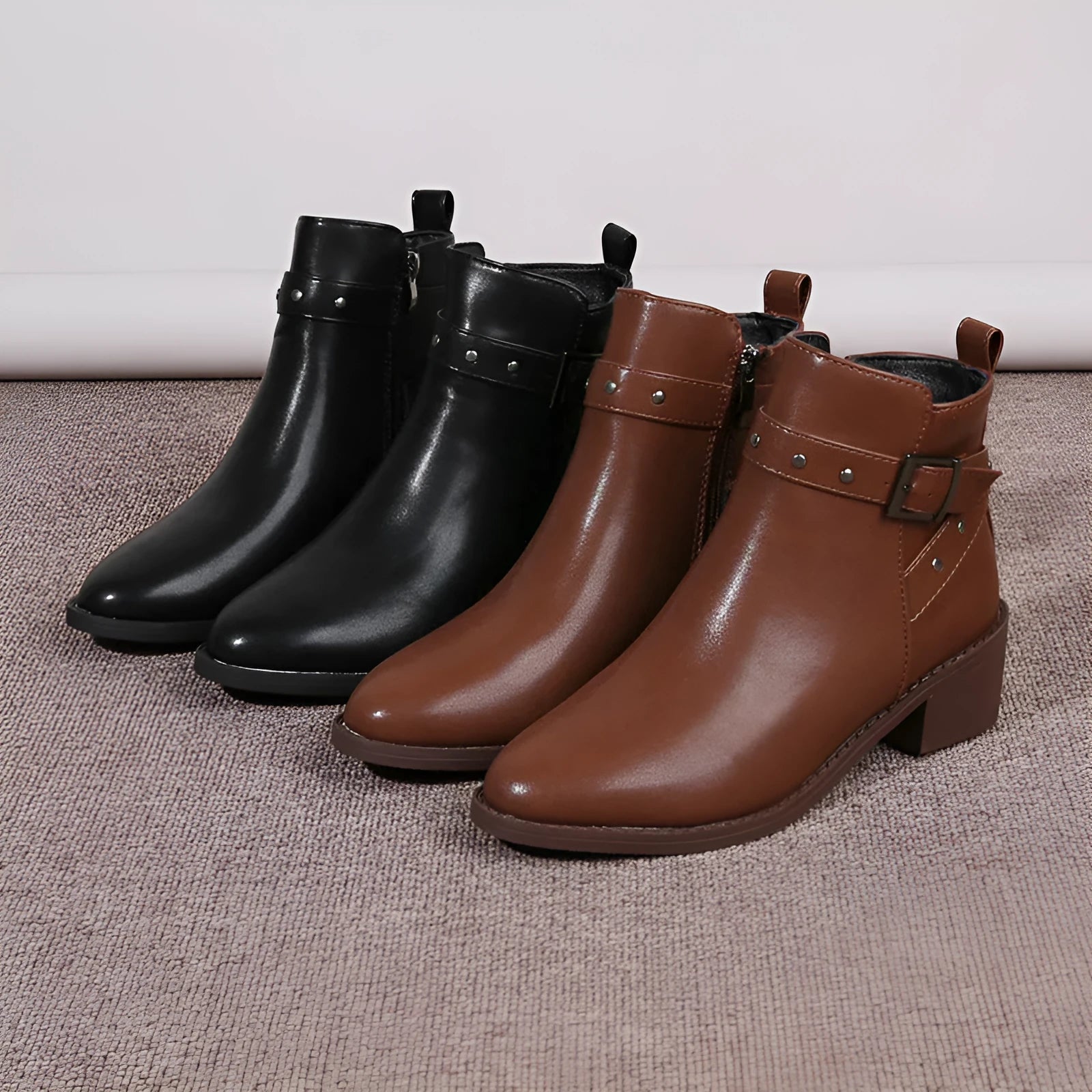 Retro chunky heel studded buckle pointed toe Martin boots in faux leather, black colour, block heel, rubber sole.