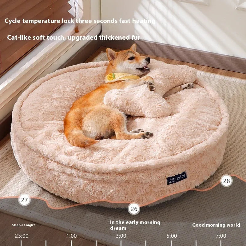 Milk tea coloured washable pet bed with round nest design shown in multiple sizes