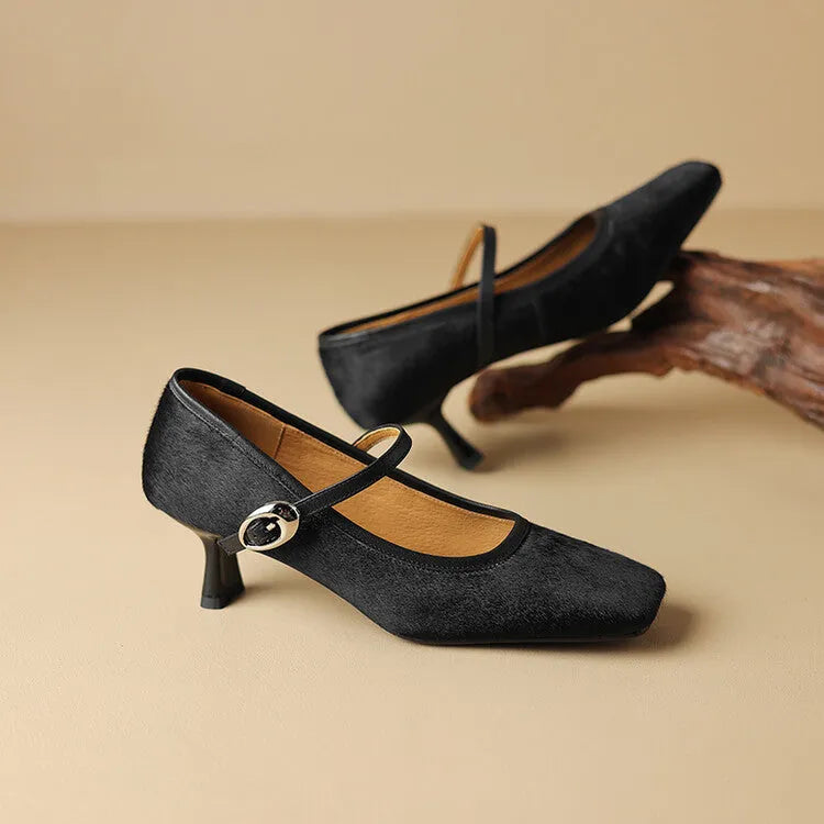 Women's black square toe stiletto heels with horse hair upper and ankle strap.