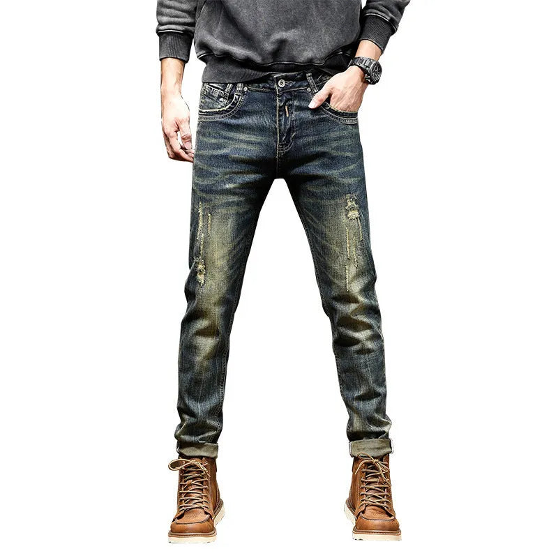 Men's retro colour stretch denim skinny jeans with a zip fly front.