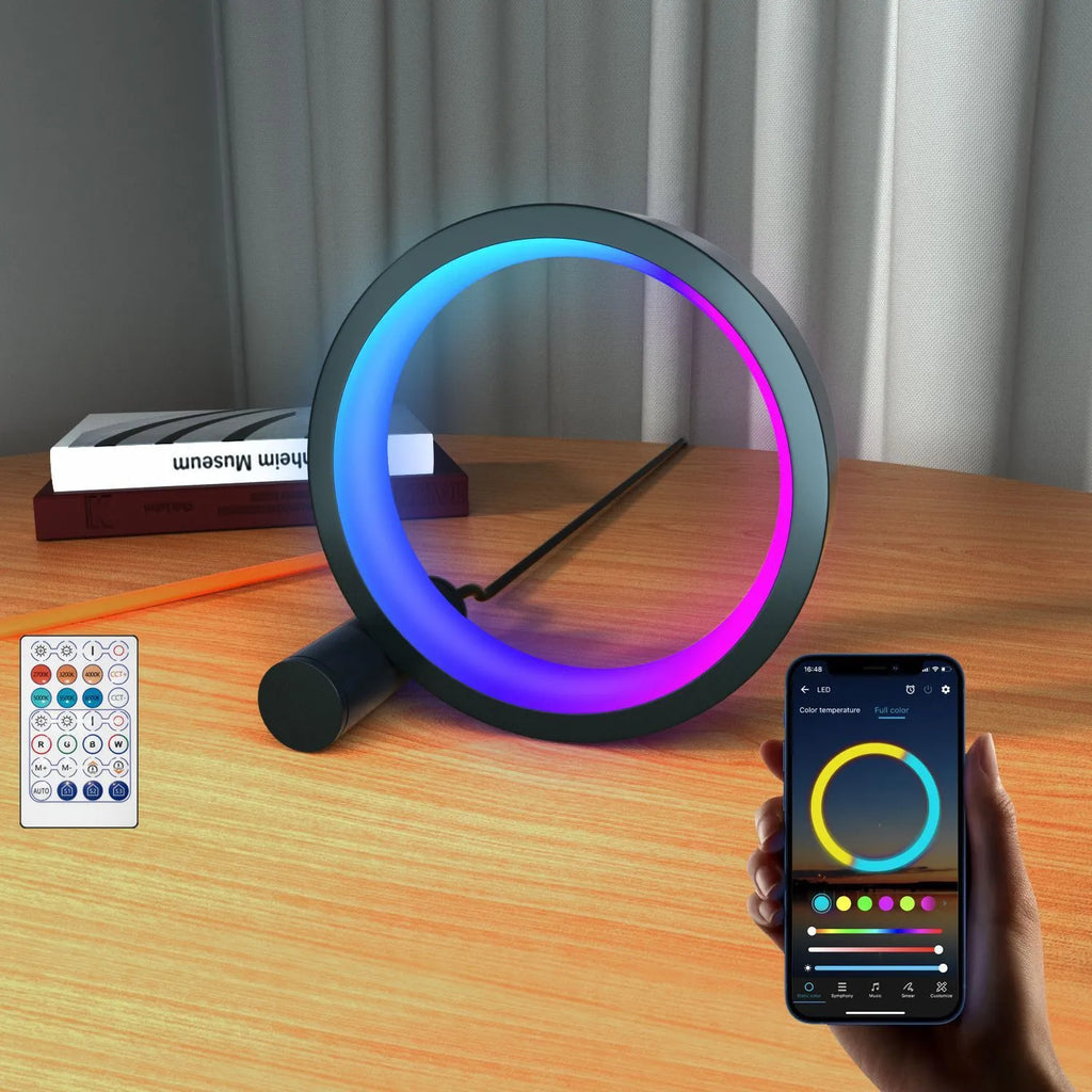Smart aluminium LED light with colourful music rhythm induction, showing remote and app control.