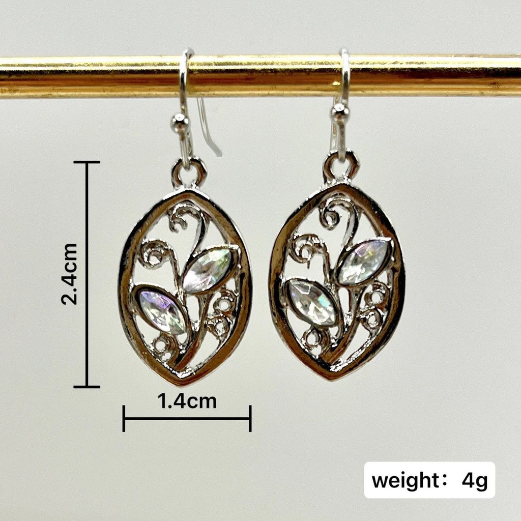Silver alloy leaf-shaped earrings with embedded colourful moonstones for women