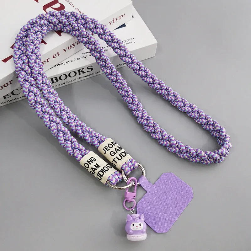 Long crossbody nylon phone lanyard with three-strand horse tail pendant and clip in assorted colours