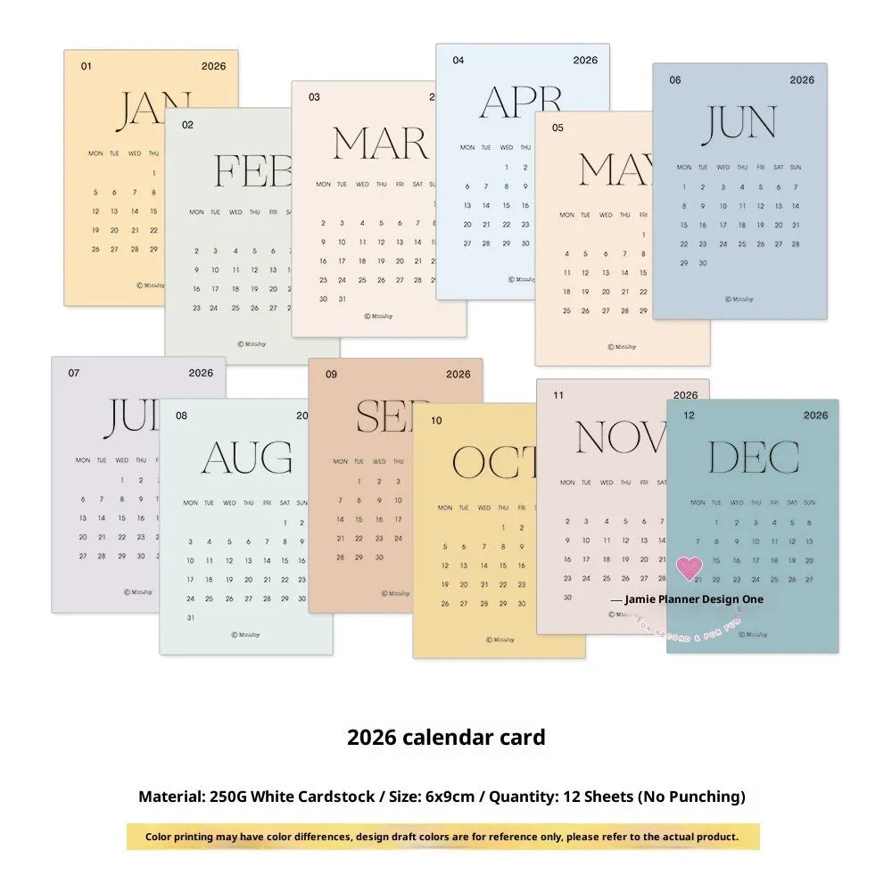 2026 monthly calendar card set with calendar fold in basic packaging, colour option 2026 Monthly Calendar Card