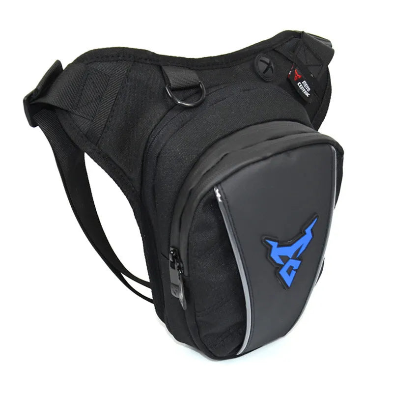 Motorcycle rider's leg bag in 1200D Oxford cloth shown in blue, with crossbody strap.