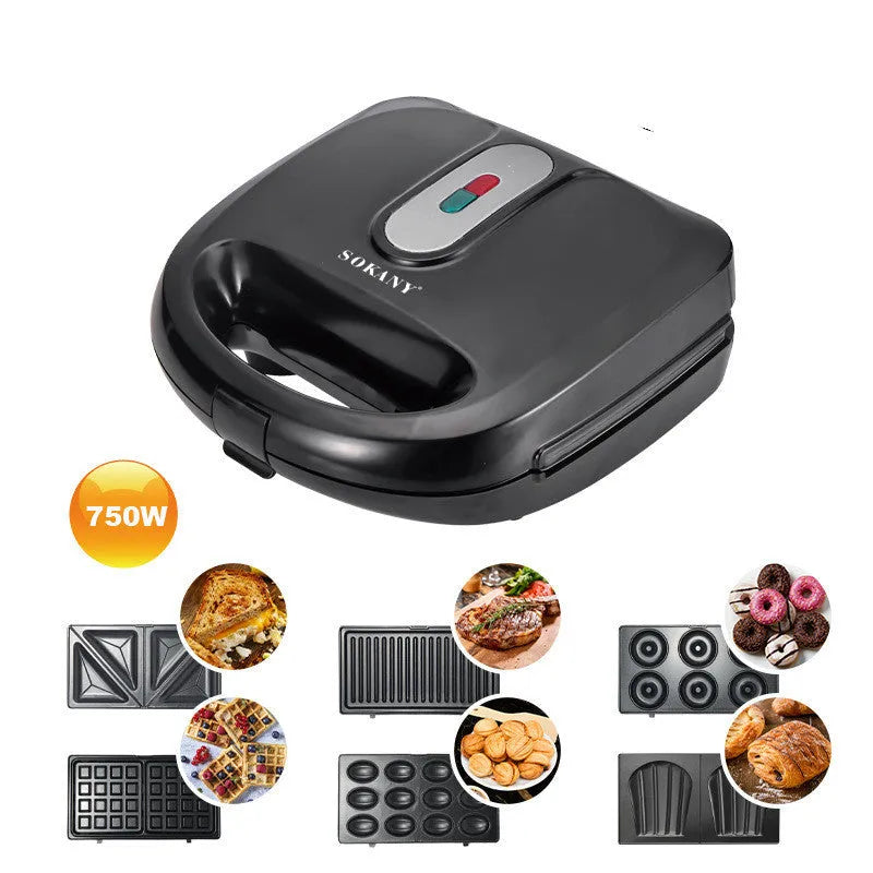 Black double-sided electric sandwich pan with brushed stainless steel lid on kitchen counter