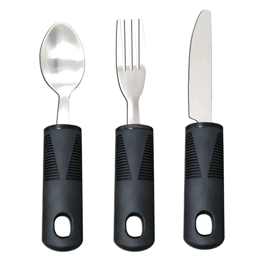 Stainless steel adaptive cutlery with curved rubber handles for tremor support in black and grey options