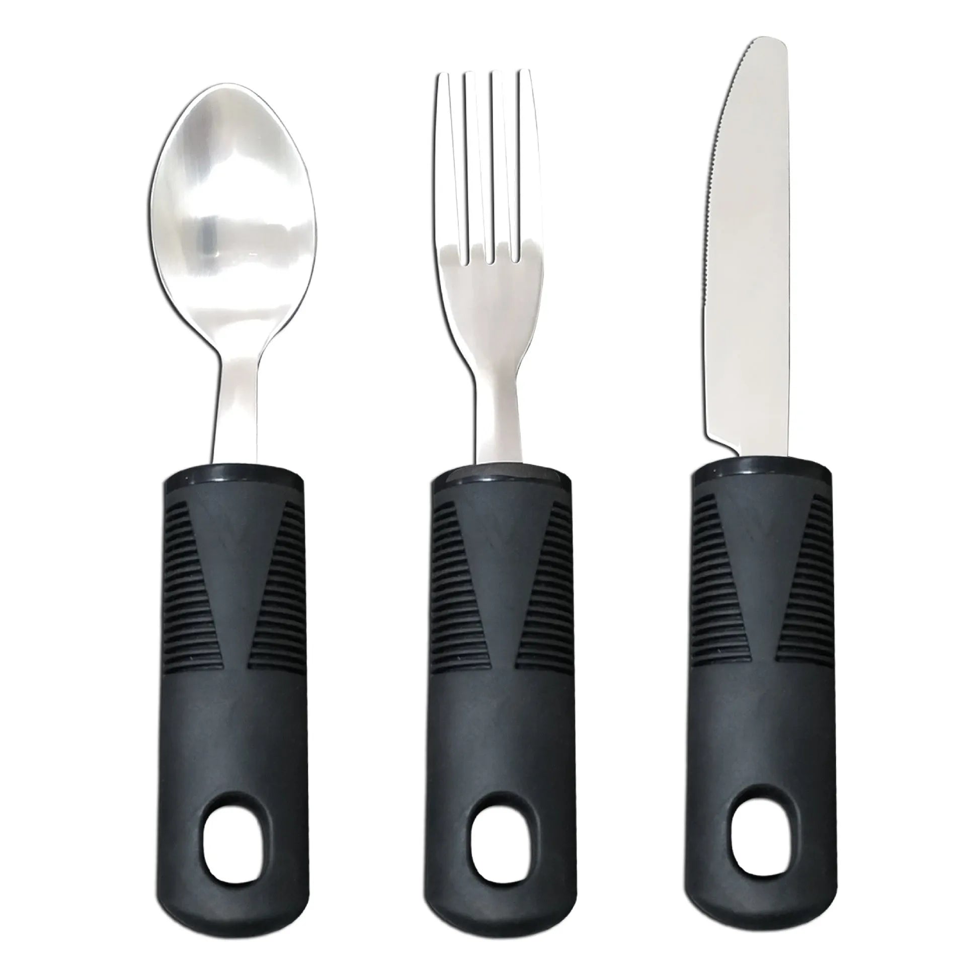 Stainless steel adaptive cutlery with curved rubber handles for tremor support in black and grey options