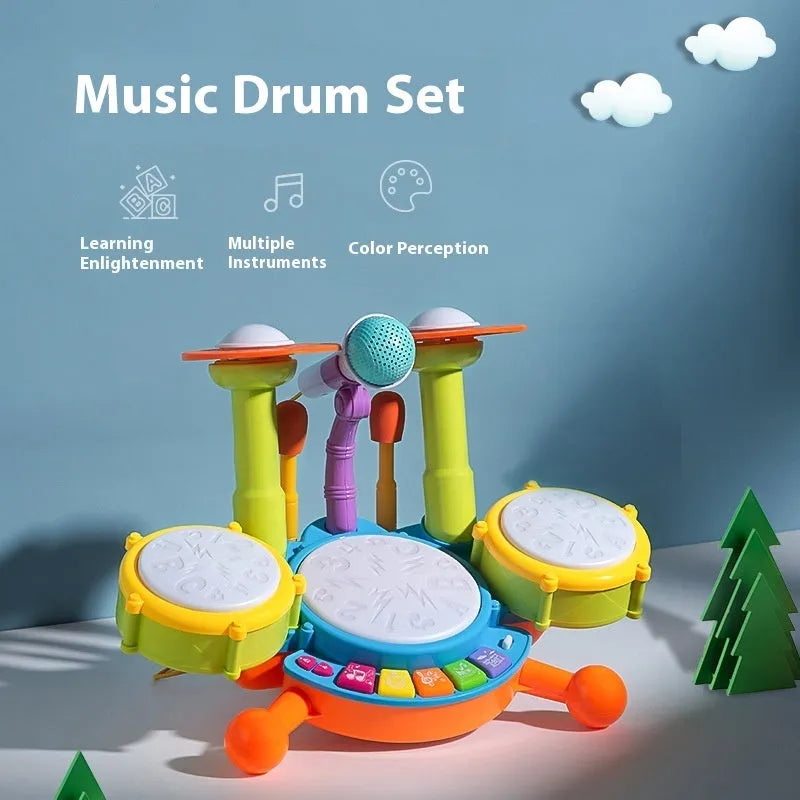 Yellow plastic hand tapping electronic drum toy for infants 0-3 years white box packaging