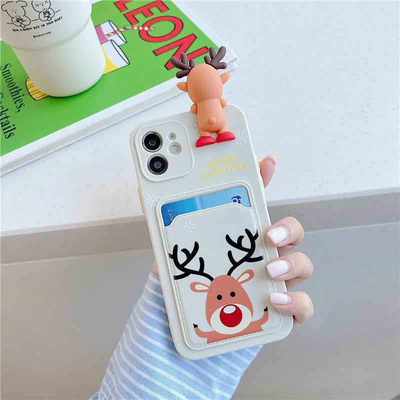 Christmas silicone iPhone case with card bag in black, purple, green or white for listed iPhone models