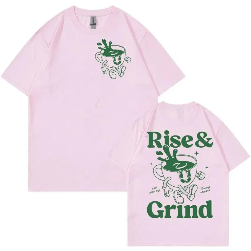 Loose fit linen cartoon t-shirt for teenage boys with Rise And Grind Green Coffee Fun Expression Bag print.