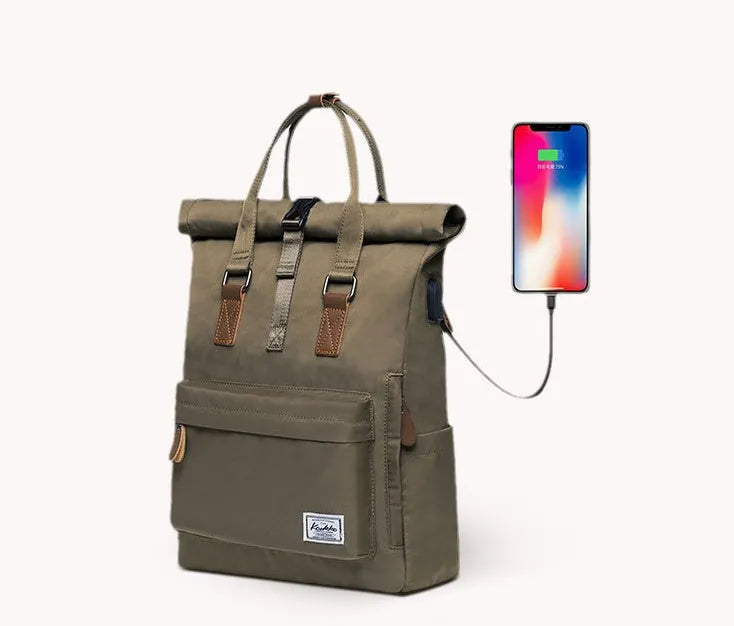Casual polyester backpack with cover opening showing internal laptop compartment and zipper pocket