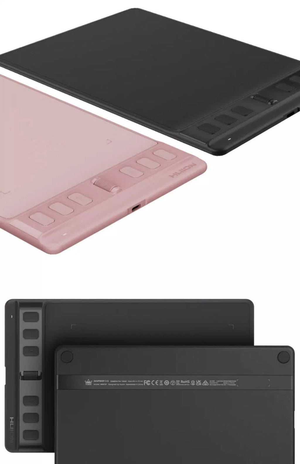 Hua Wang H641P black and pink graphics tablet with digital pen for mobile phone and computer drawing.
