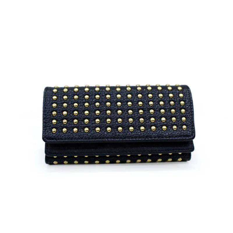 Women's long tri-fold wallet in black PU leather with silver rivet accents on front