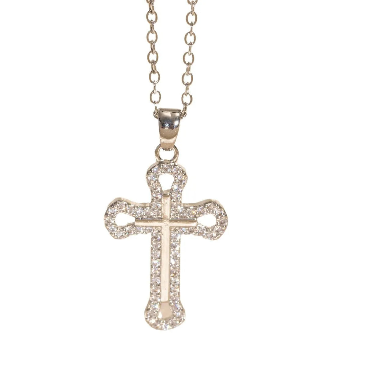 Real gold electroplated cross necklace with micro inlaid zircon on copper pendant and O-ring chain