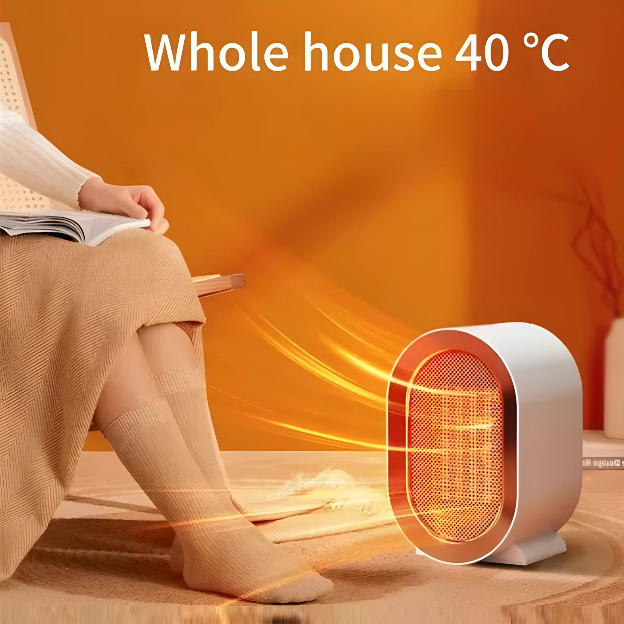 Compact black desktop electric fan heater with mechanical dial controls on a wooden desk.