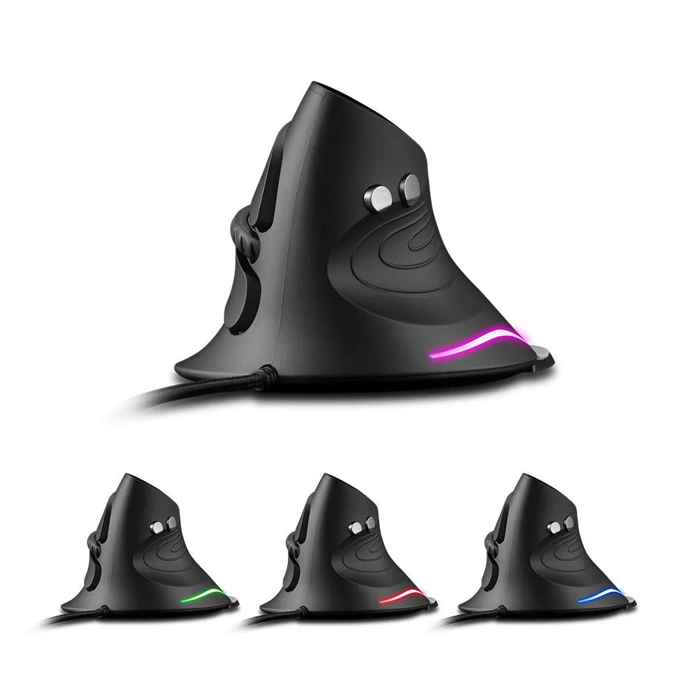 Vertical snail-type ergonomic wired mouse in black with 6 buttons, USB cable, and DPI indicator