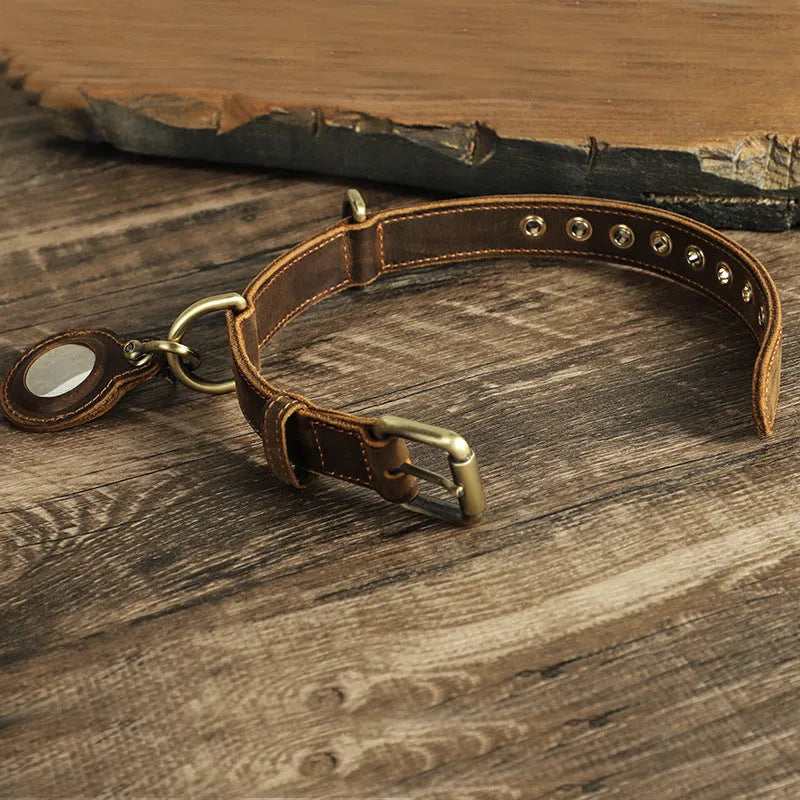 Brown retro-style dog collar with genuine cowhide leather and halter positioning system