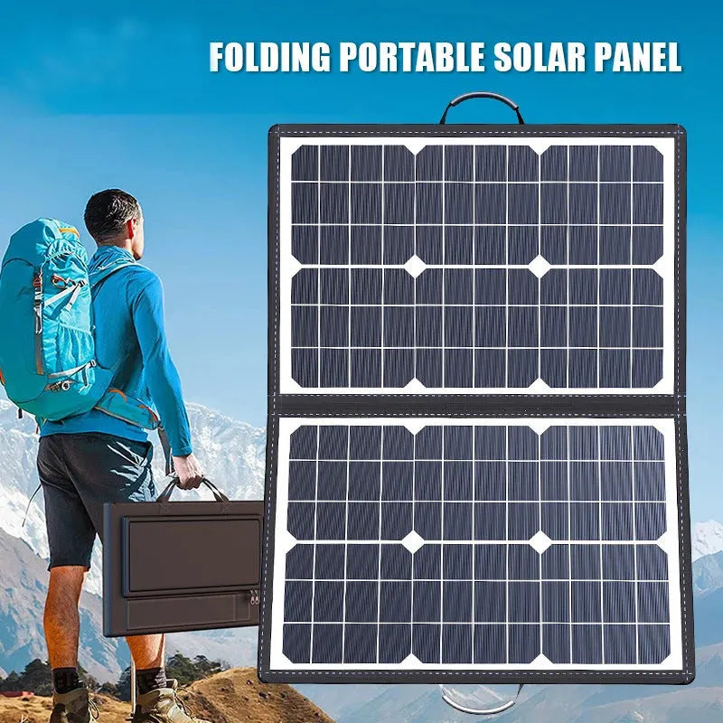 Black folding bag solar panel showing compact folded size, suitable for outdoor portable power.