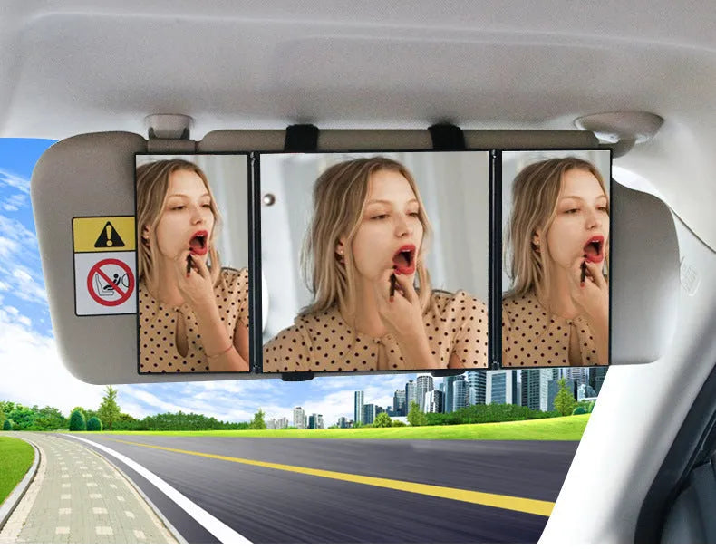 Silver car folding makeup mirror shown open and closed with dimensions