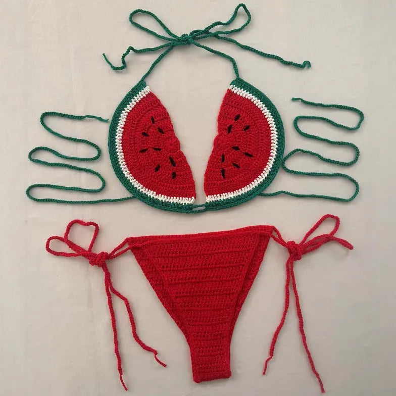 Handmade crocheted bikini two-piece set with mixed colour pattern and adjustable lace-up shoulder straps