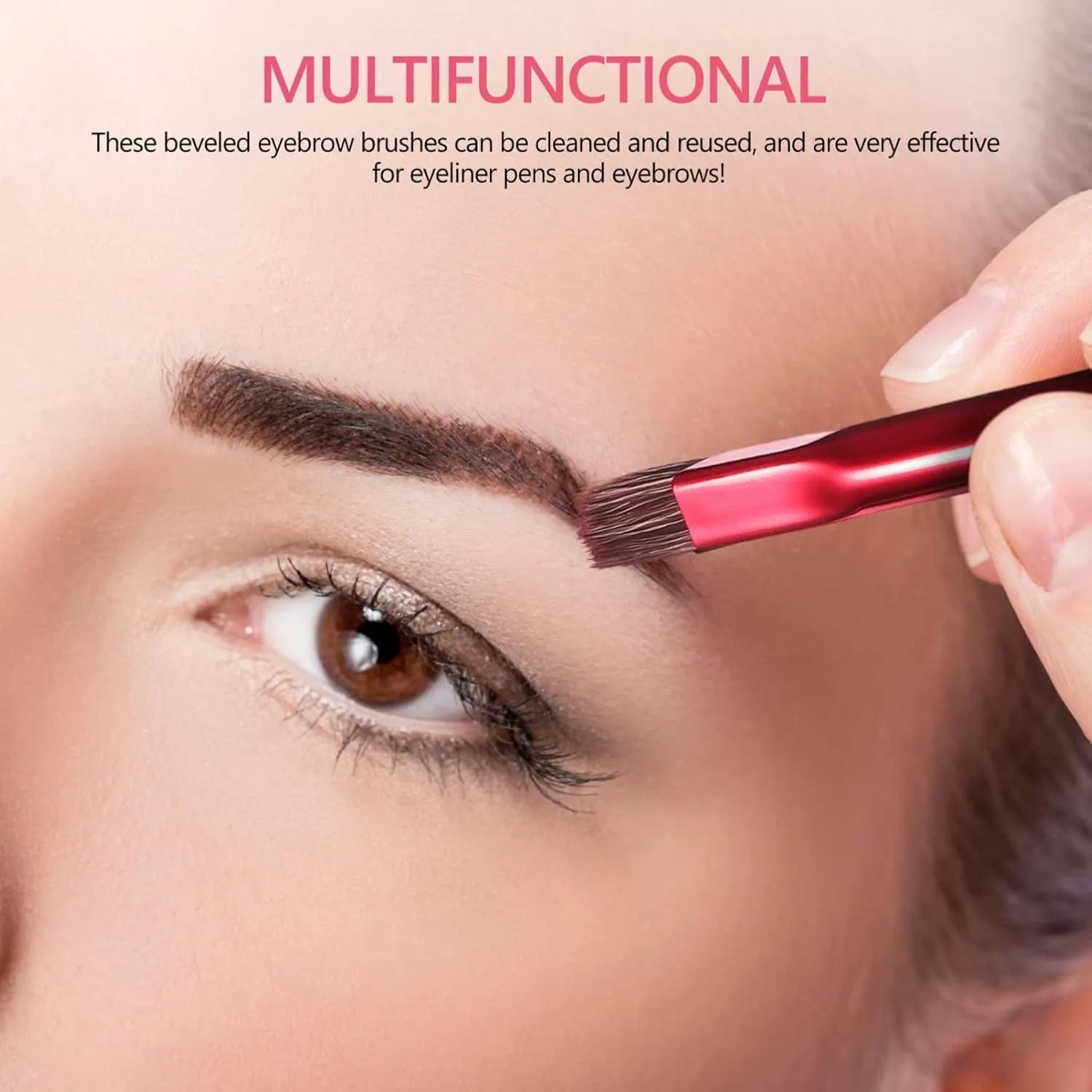 Angled eyebrow brush with square stamp head and brown synthetic bristles for makeup application