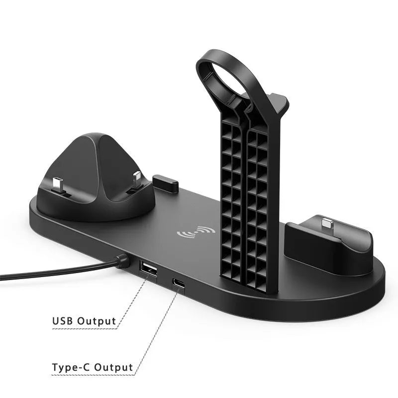 Black multi-device charging stand holding a mobile phone, headphones, and a watch with 15W wireless charging.