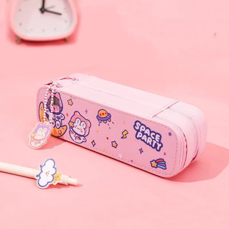 Ins cartoon pencil case with double-layer design in cute astronaut motif, made from PU material, available in various colours