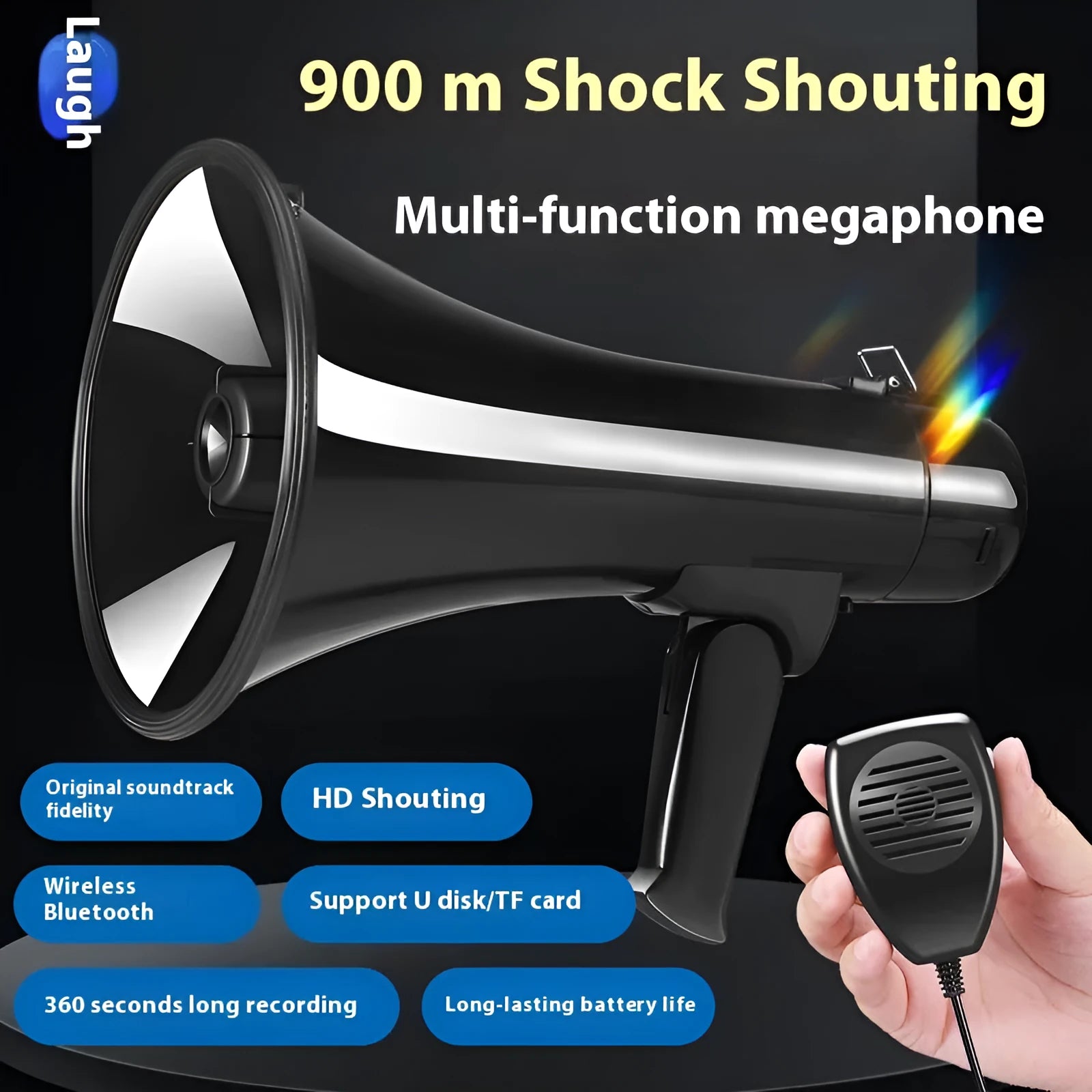 High-power handheld sales speaker with built-in microphone, USB port, and button controls