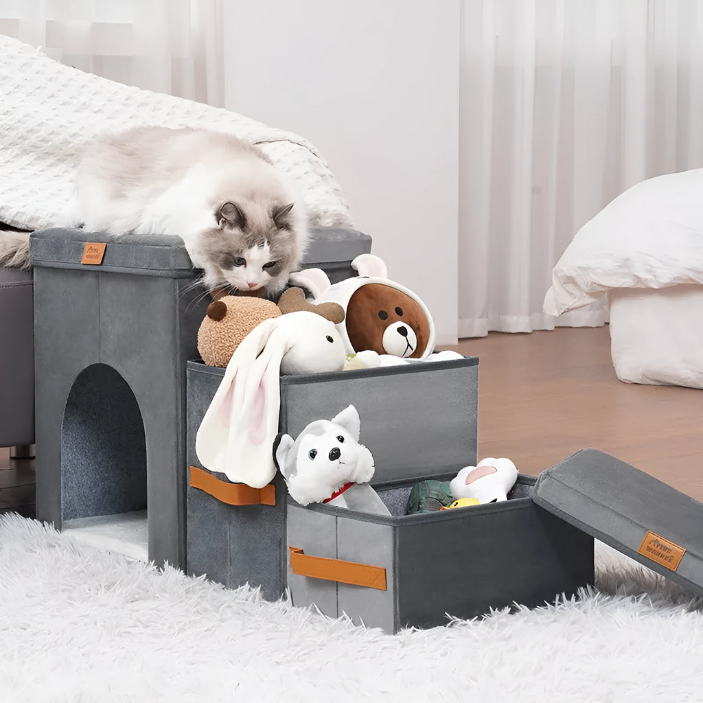 Grey foldable cloth dog stairs with 2 or 3 steps, 33cm wide, for small dogs at home