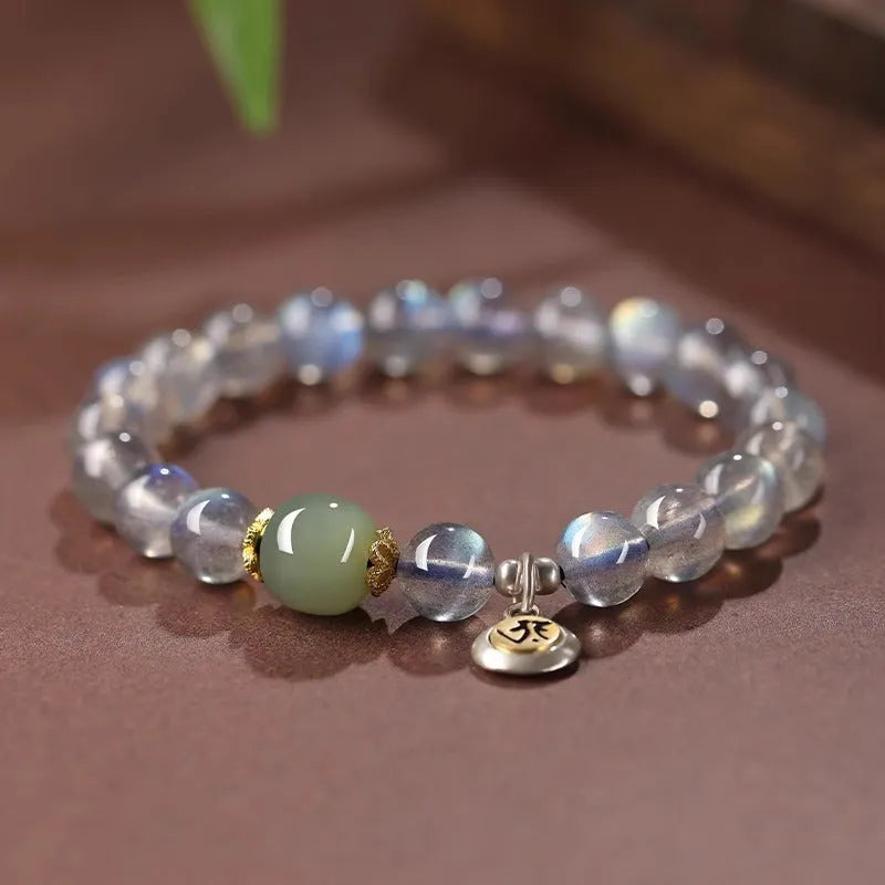 Moonstone birth Buddha bracelet with 8mm bead and Thousand-Hand Kwan-yin mouse zodiac design