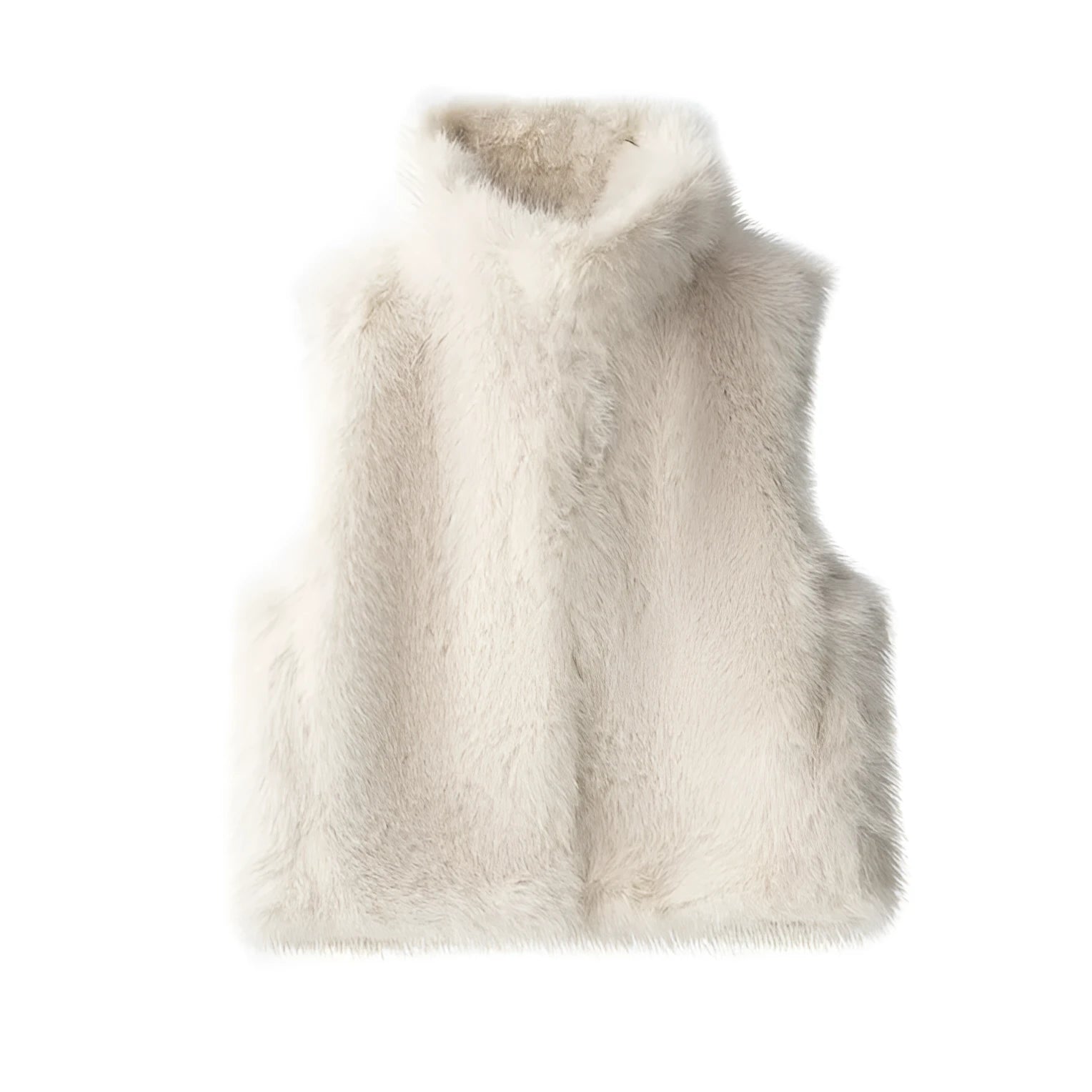 Women's loose casual faux fur vest in A-line style, available in black, brown, white, with animal and grid patterns, polyester fill.