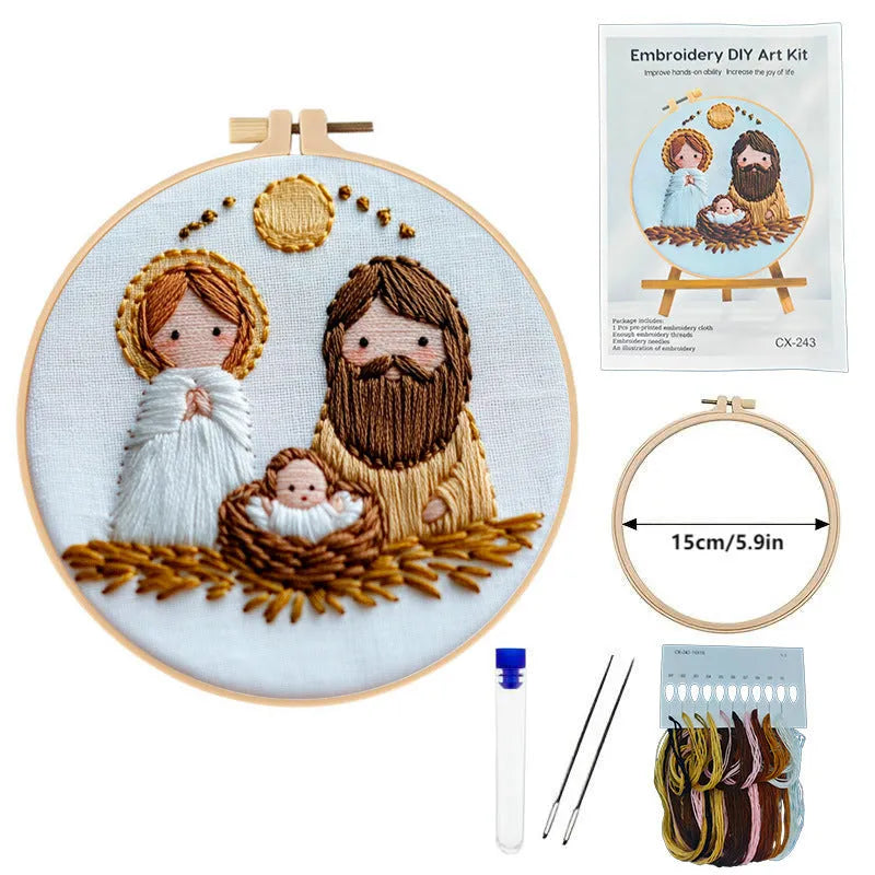 Embroidery DIY material kit with Jesus cross landscape pattern on 24x24cm cotton linen fabric