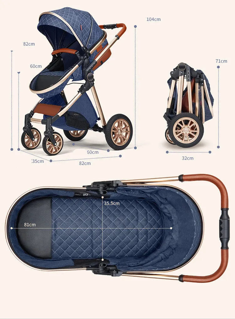 Lightweight folding aluminium alloy baby stroller with two-way shock absorbing seat and 60cm height, compact fold