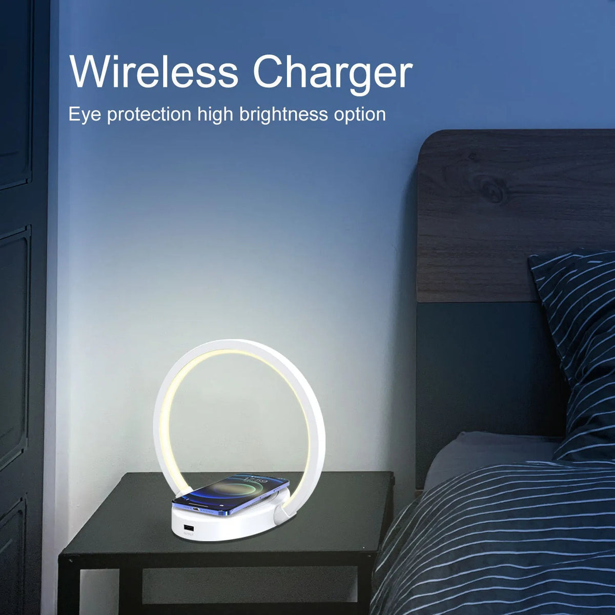 Wireless charging LED desk lamp with Bluetooth speaker, phone holder, and USB port in wood grain finish