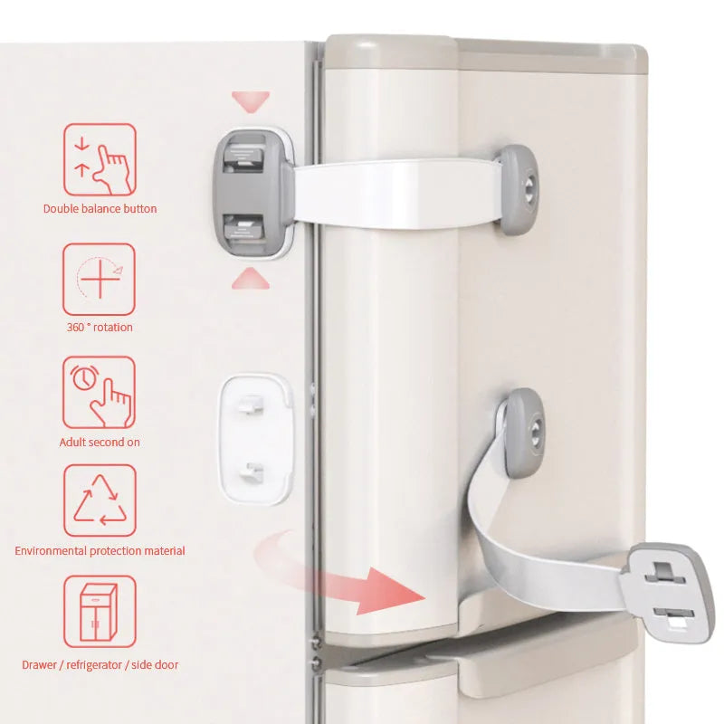 Adjustable child safety cabinet lock strap with 3M adhesive backing in grey colour