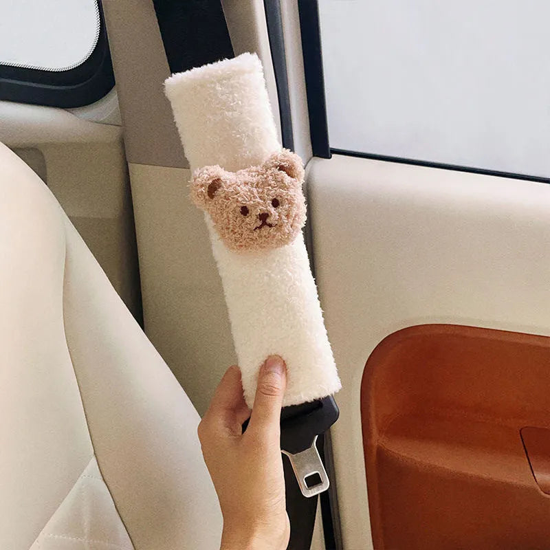 Cartoon bear plush car seat belt cover shoulder protector 25cm length khaki coffee bear design