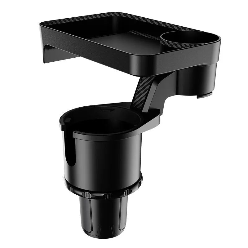 Black rotating car cup holder with dinner plate attachment shown in large and small size options.