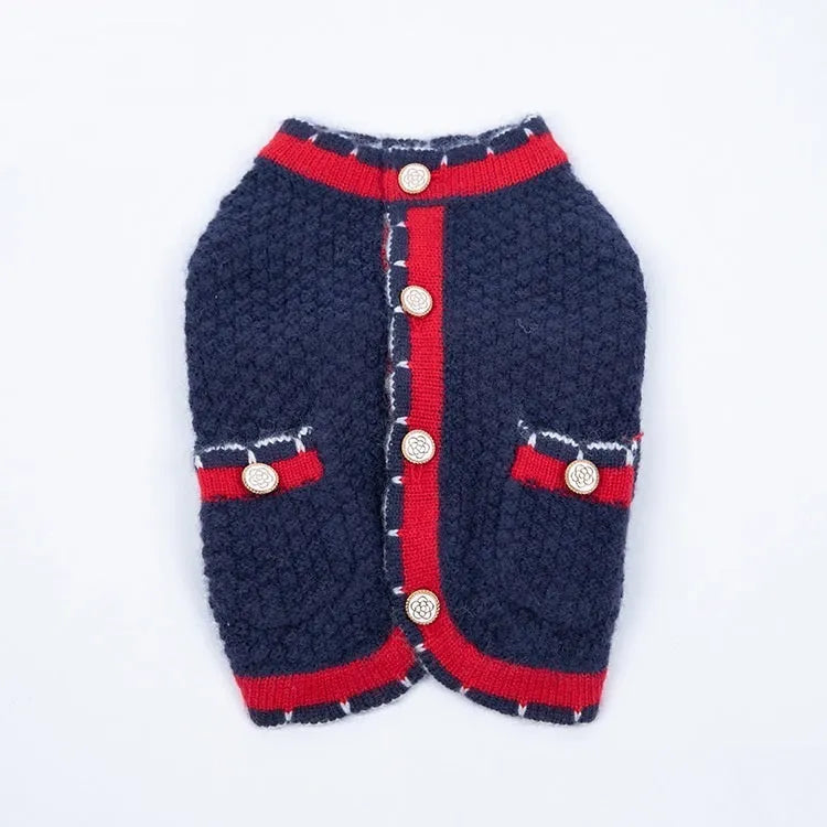 Blue classic style dog cardigan sweater with princess design on mannequin