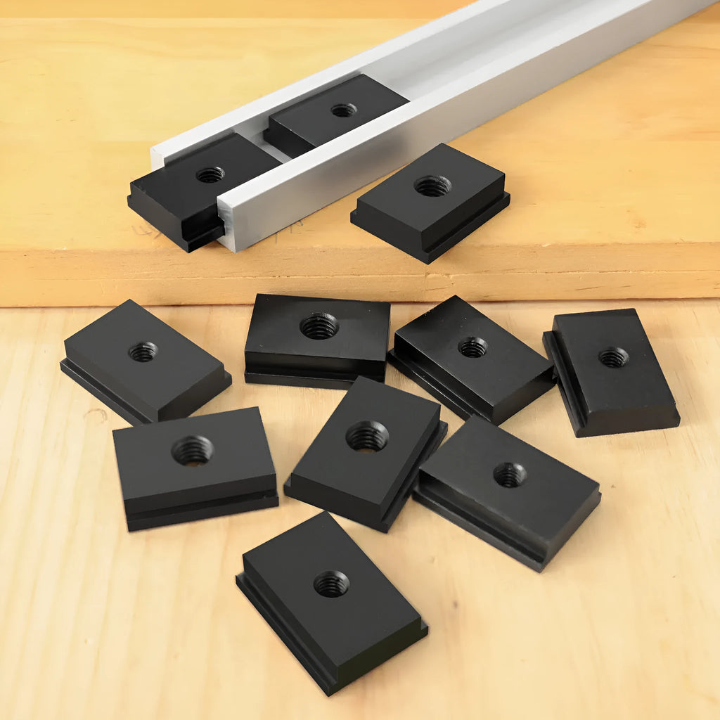 Aluminium woodworking sliding chute slider for T-slot tracks in black silver blue red colours