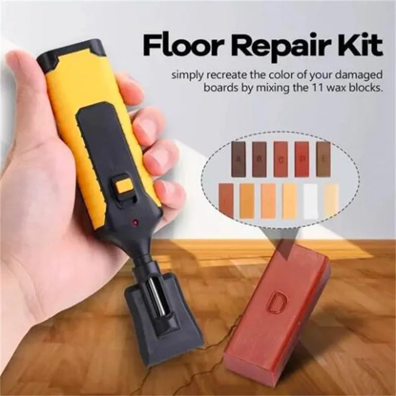 Red and yellow handle floor repair tool with wax colour sticks for DIY tile restoration