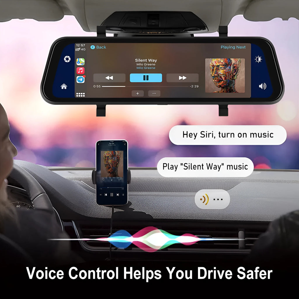 9.66-inch touchscreen car dash cam rear view mirror with CarPlay and Android Auto display