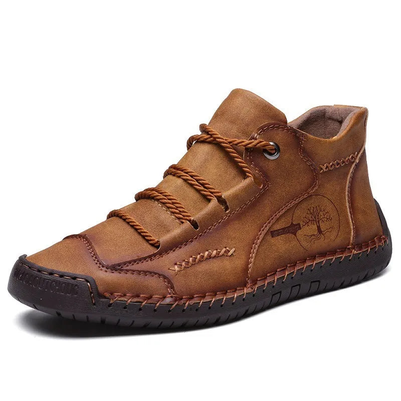 Men's leather high-top casual shoes in army green with front lace-up and round toe design