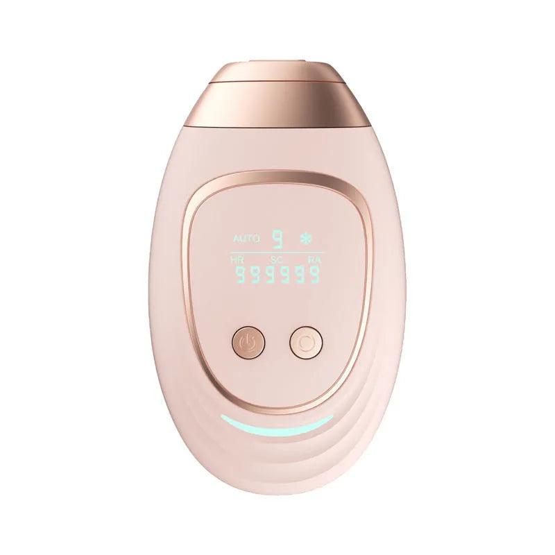 Pink and white three-in-one ice-sensing laser hair removal device with shaver and accessories