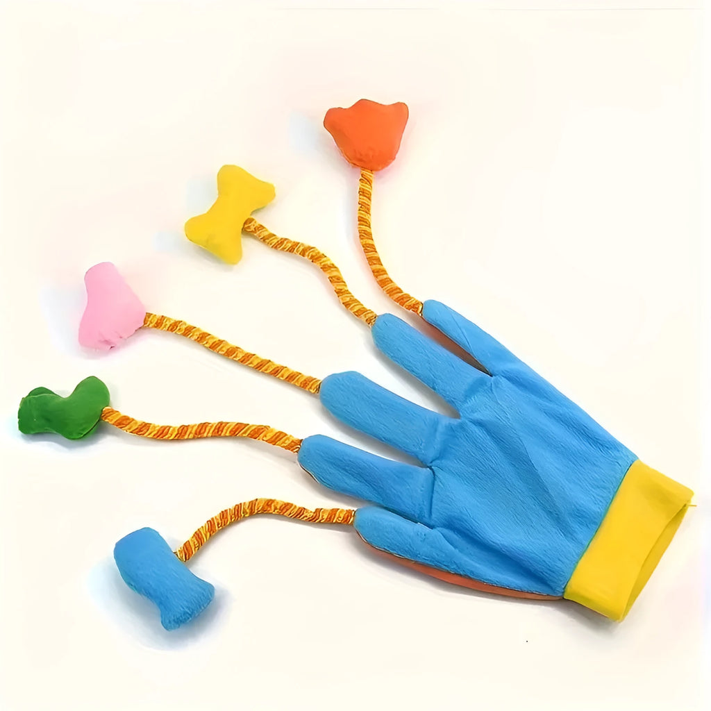 Yellow and blue plush magic glove toy for cats with a bell, shown next to a tape measure indicating its 40 cm length.