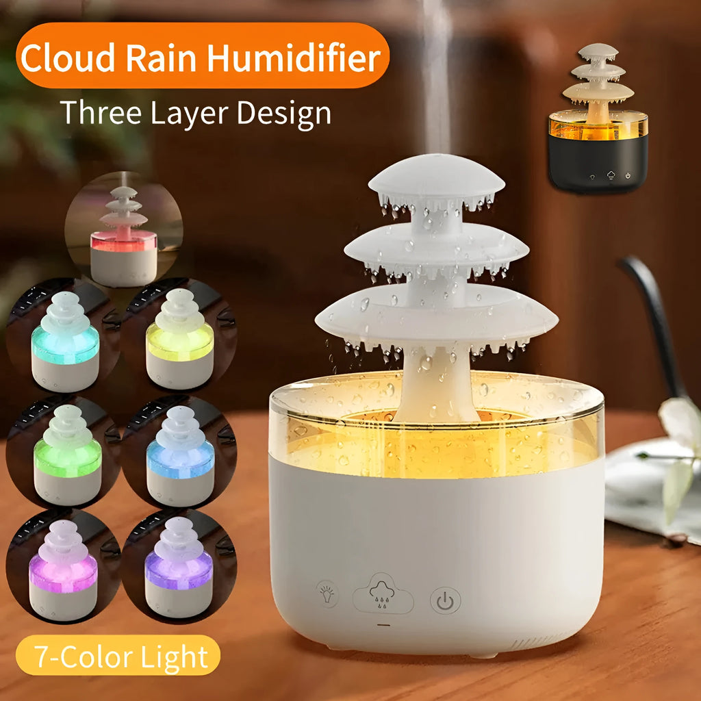 White cloud rain air humidifier and essential oil diffuser with colourful lights on wooden table