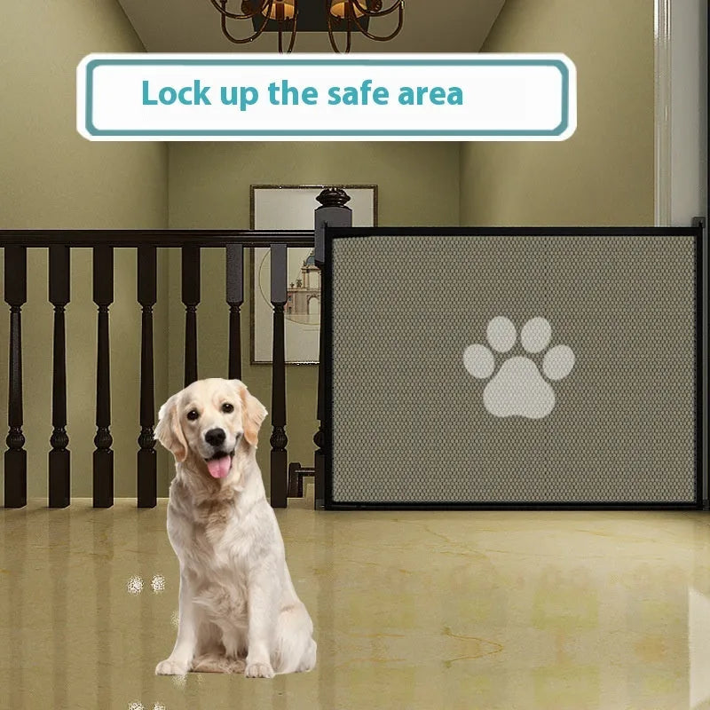 Portable folding cloth dog barrier net with plastic rod doorsill in black or white dog footprint design.