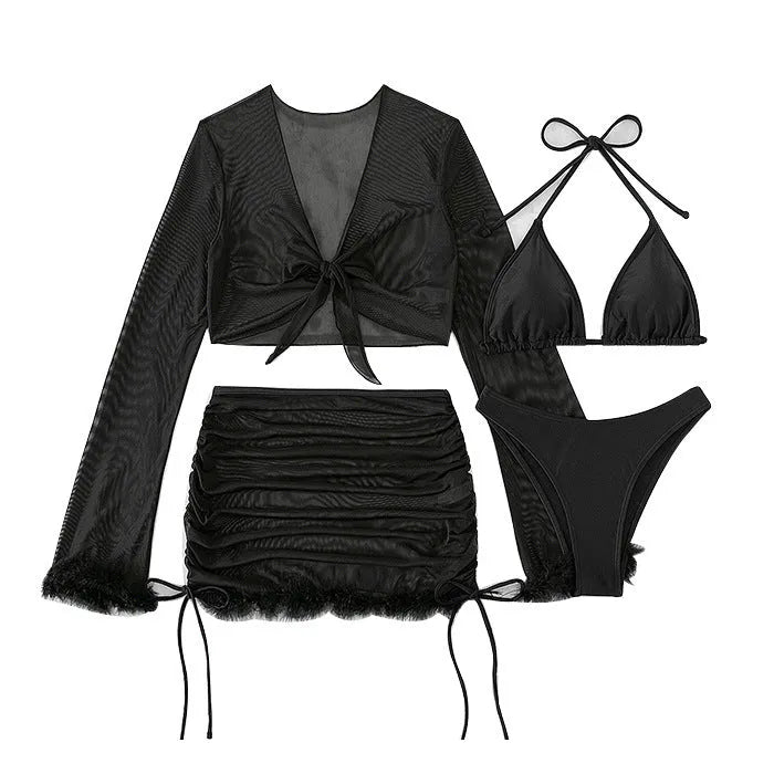Black women's bikini set with long sleeve top and briefs bottom for swimming