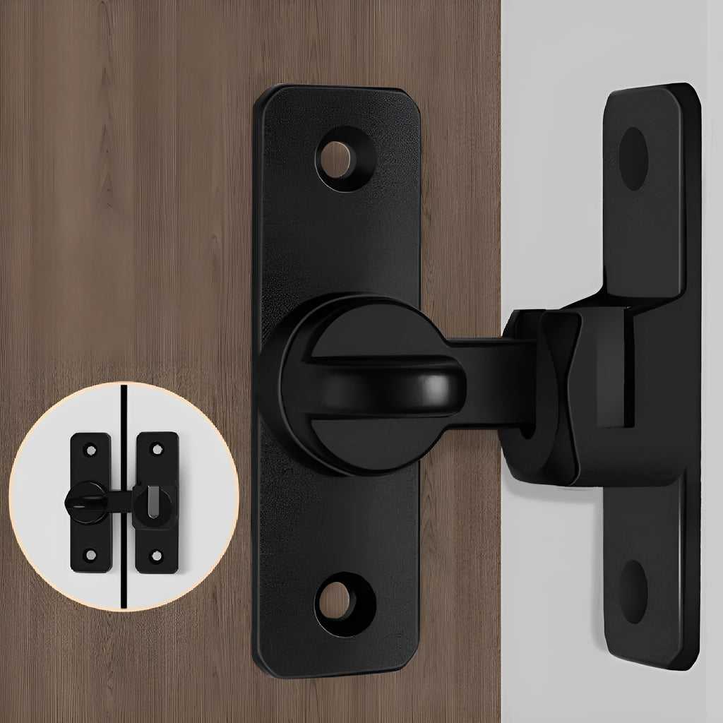 Aluminium alloy punch-free door latch in silver finish, showing 90 and 180 degree positions.