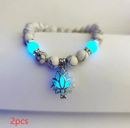 Luminous lotus charm bracelet with mesmerizing glow-in-the-dark beads, made of premium alloy and turquoise fluorescent stone